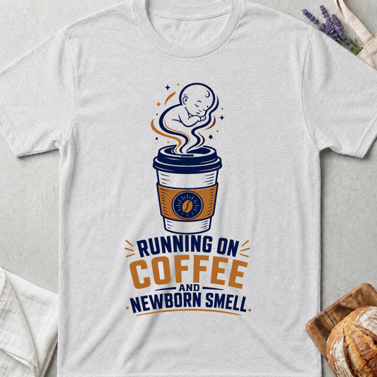 Running on Coffee and Newborn Smell T-Shirt - Funny New Mom Tee