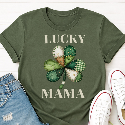 Lucky Mama St. Patricks's Day Mom T-shirt - Patchwork Shamrock Mom Shirt - Cute Irish Mom Gift for Women