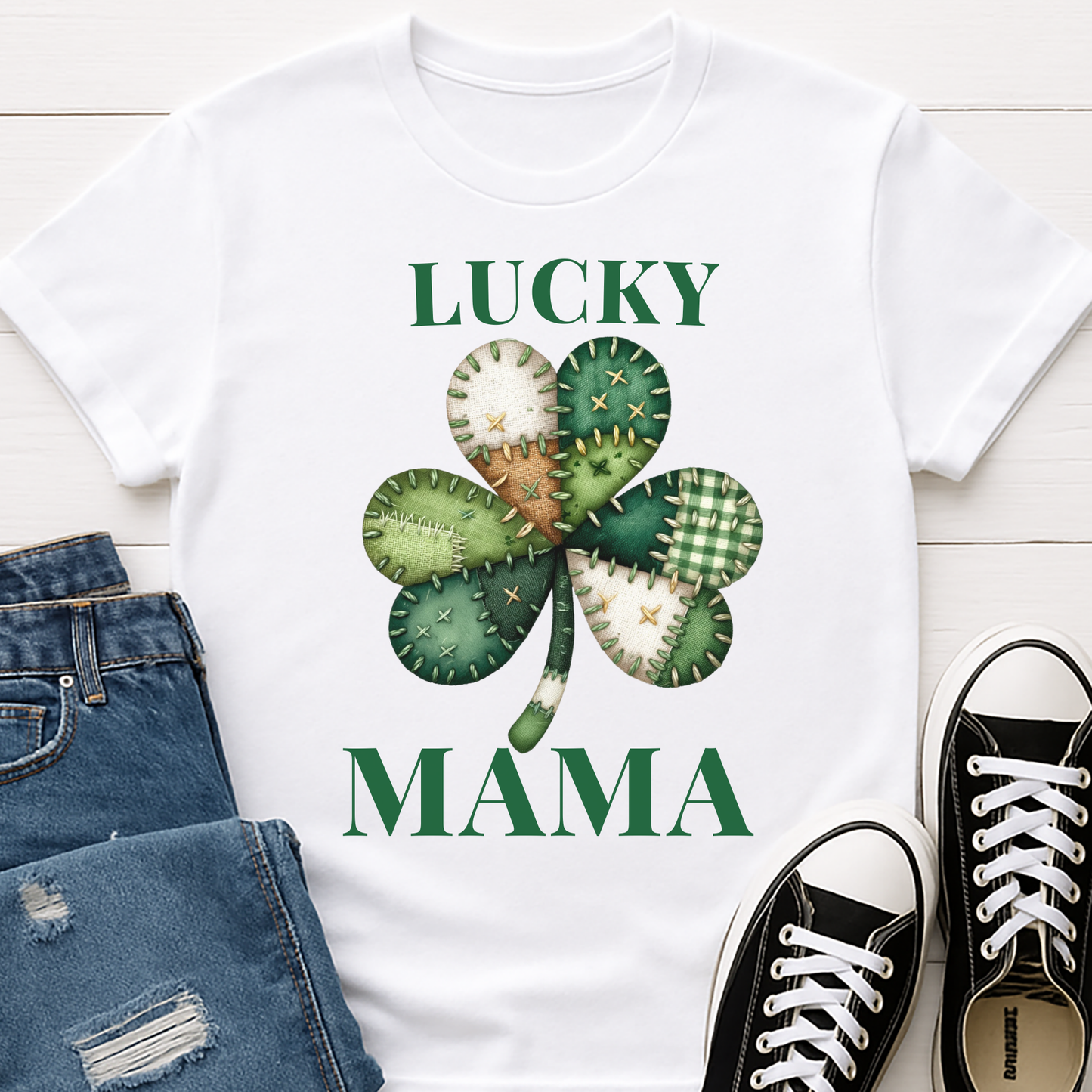 Lucky Mama St. Patricks's Day Mom T-shirt - Patchwork Shamrock Mom Shirt - Cute Irish Mom Gift for Women