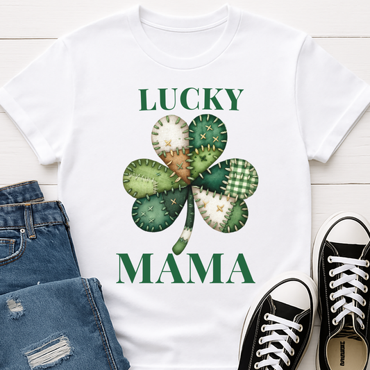 Lucky Mama St. Patricks's Day Mom T-shirt - Patchwork Shamrock Mom Shirt - Cute Irish Mom Gift for Women