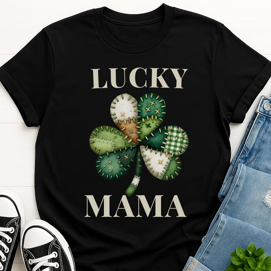 Lucky Mama St. Patricks's Day Mom T-shirt - Patchwork Shamrock Mom Shirt - Cute Irish Mom Gift for Women