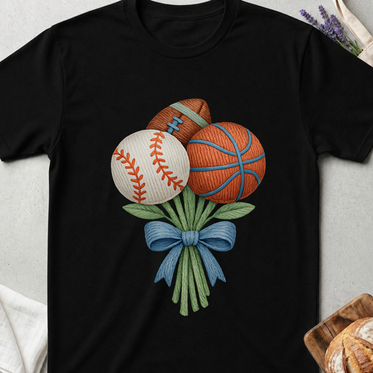 Sports Ball Bouquet T-Shirt - Baseball, Basketball & Football Floral Tee