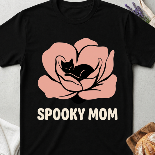 Spooky Mom Black Cat Flower T-Shirt