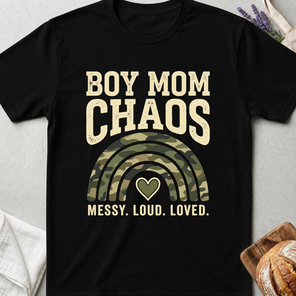 Boy Mom Chaos Camouflage T-shirt | Messy Loud Loved Mama Shirt