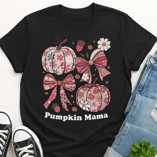 Pumpkin Mama - Fall Floral Bow T-shirt