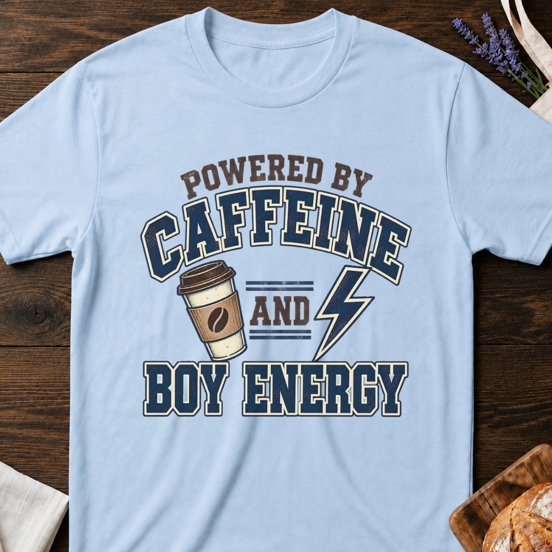 Powered by Caffeine and Boy Energy T-Shirt - Funny Mom Tee