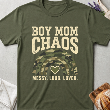 Boy Mom Chaos Camouflage T-shirt | Messy Loud Loved Mama Shirt