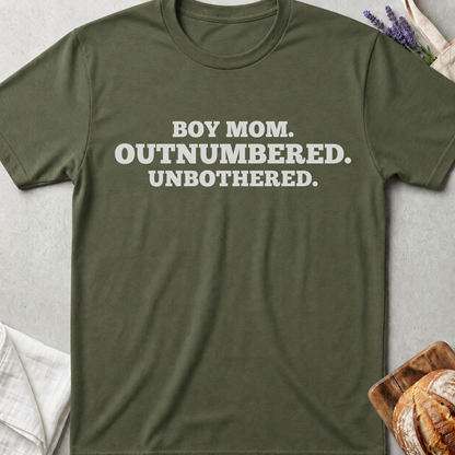 Boy Mom Shirt | Funny Outnumbered Unbothered T-Shirt for Moms of Boys