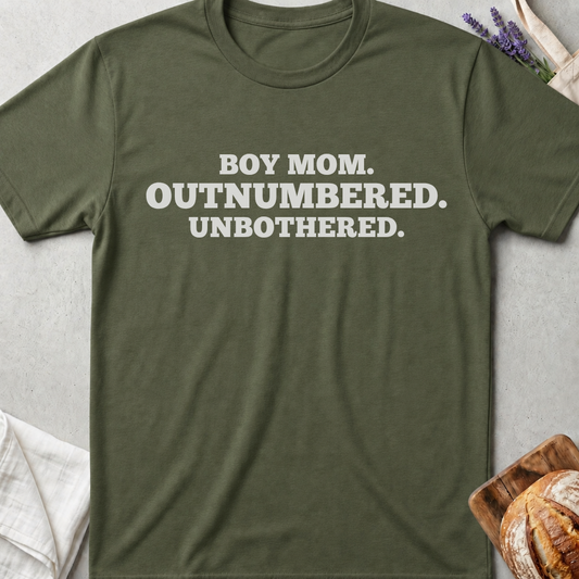 Boy Mom Shirt | Funny Outnumbered Unbothered T-Shirt for Moms of Boys