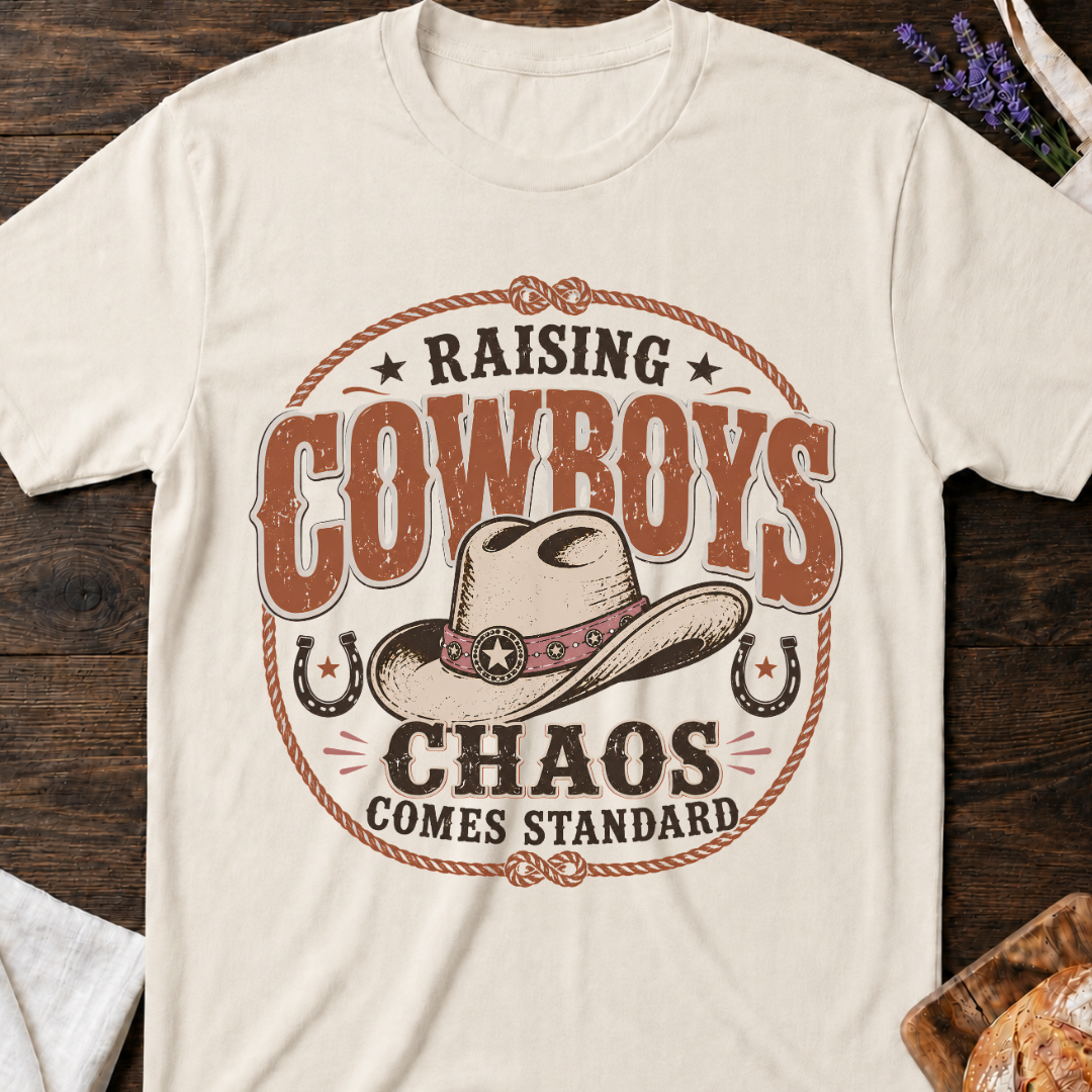 Raising Cowboys Chaos Comes Standard T-shirt | Western Boy Mom Shirt