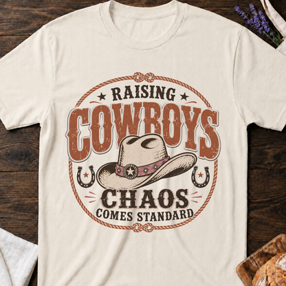 Raising Cowboys Chaos Comes Standard T-shirt | Western Boy Mom Shirt
