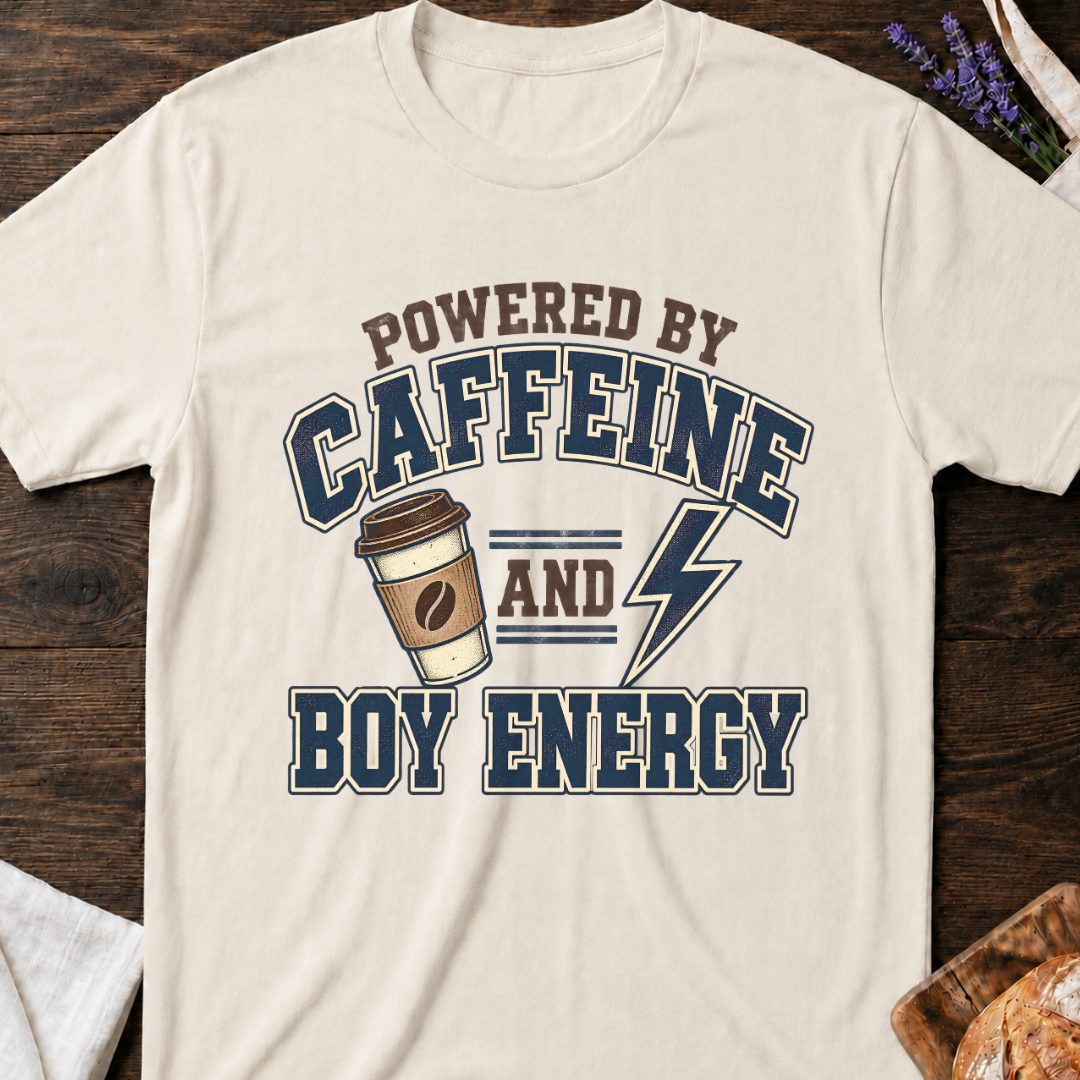 Powered by Caffeine and Boy Energy T-Shirt - Funny Mom Tee
