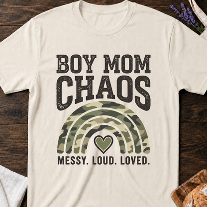 Boy Mom Chaos Camouflage T-shirt | Messy Loud Loved Mama Shirt