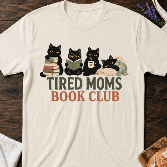 Tired Moms Book Club T‑Shirt — Black Cat Reading Graphic Tee