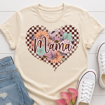 Checkered Floral Mama Heart T-shirt