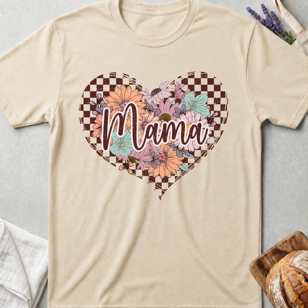 Checkered Floral Mama Heart T-shirt - Mom Shirt