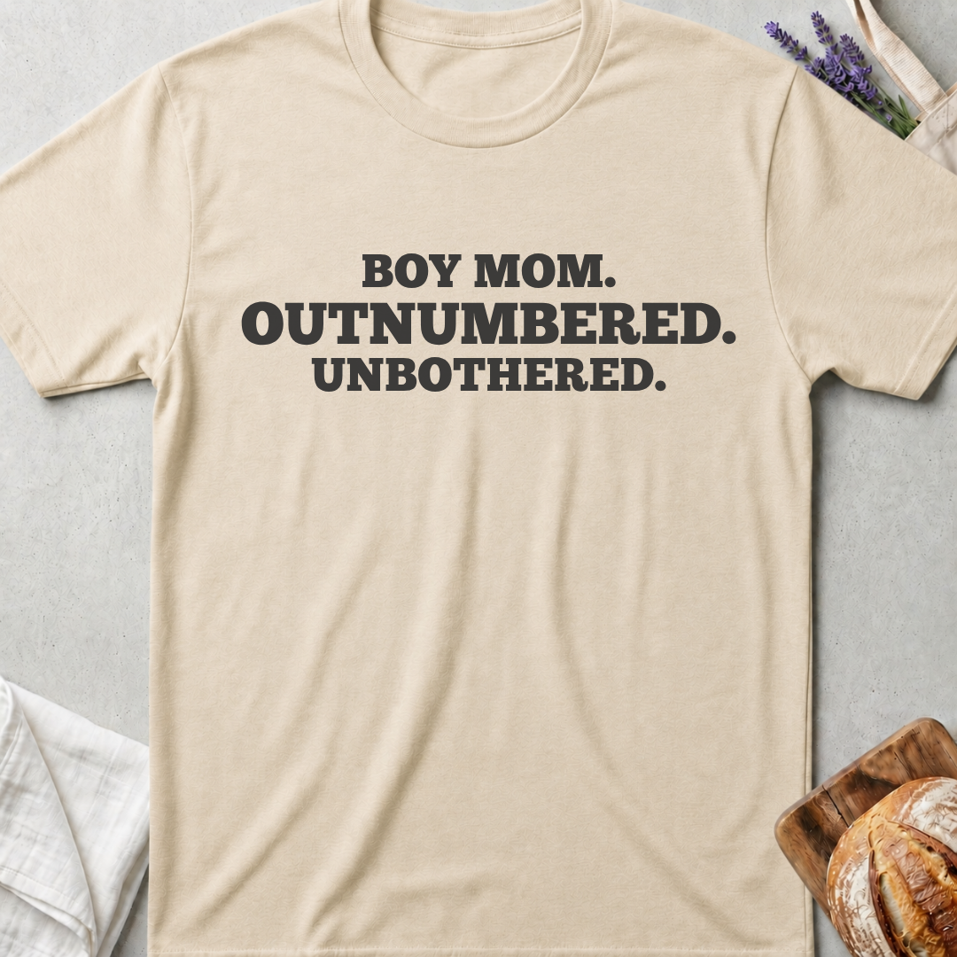 Boy Mom Shirt | Funny Outnumbered Unbothered T-Shirt for Moms of Boys