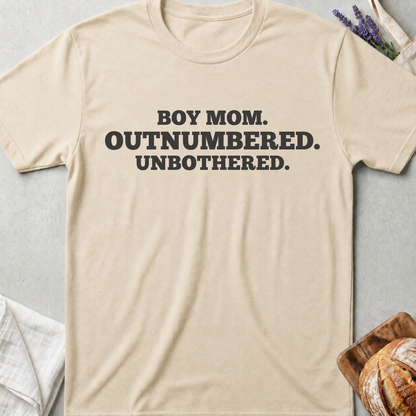 Boy Mom Shirt | Funny Outnumbered Unbothered T-Shirt for Moms of Boys
