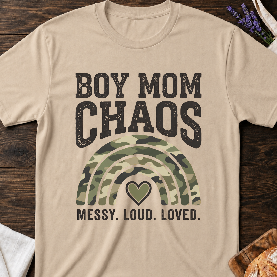 Boy Mom Chaos Camouflage T-shirt | Messy Loud Loved Mama Shirt