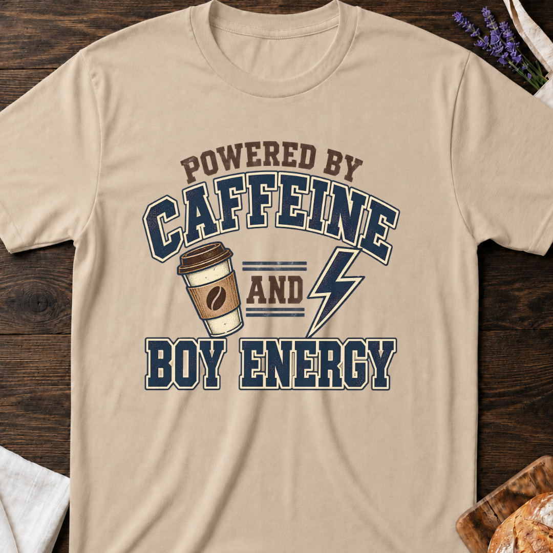 Powered by Caffeine and Boy Energy T-Shirt - Funny Mom Tee