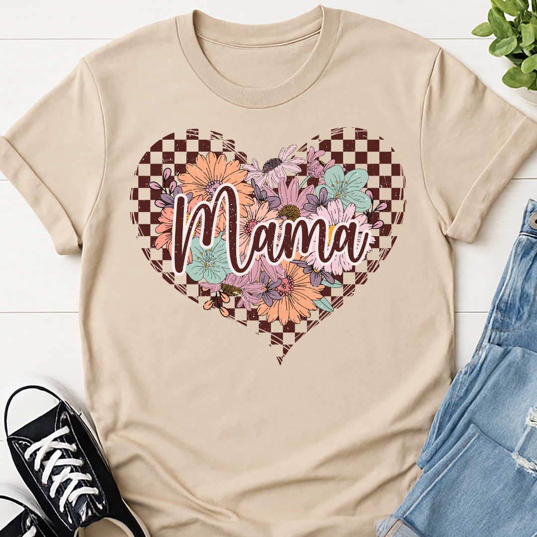 Checkered Floral Mama Heart T-shirt