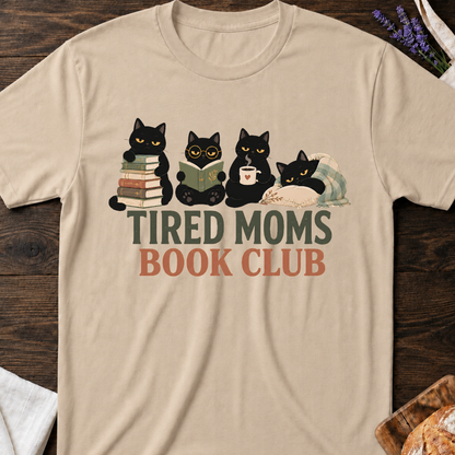 Tired Moms Book Club T‑Shirt — Black Cat Reading Graphic Tee