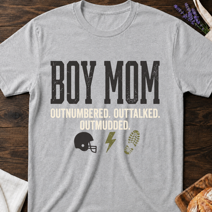 Boy Mom T-Shirt - Outnumbered. Outtalked. Outmudded. Tee