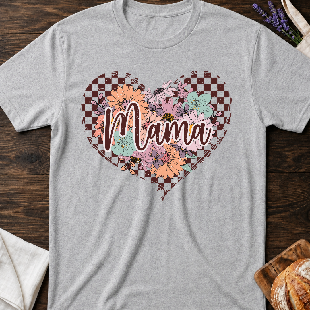 Checkered Floral Mama Heart T-shirt - Mom Shirt