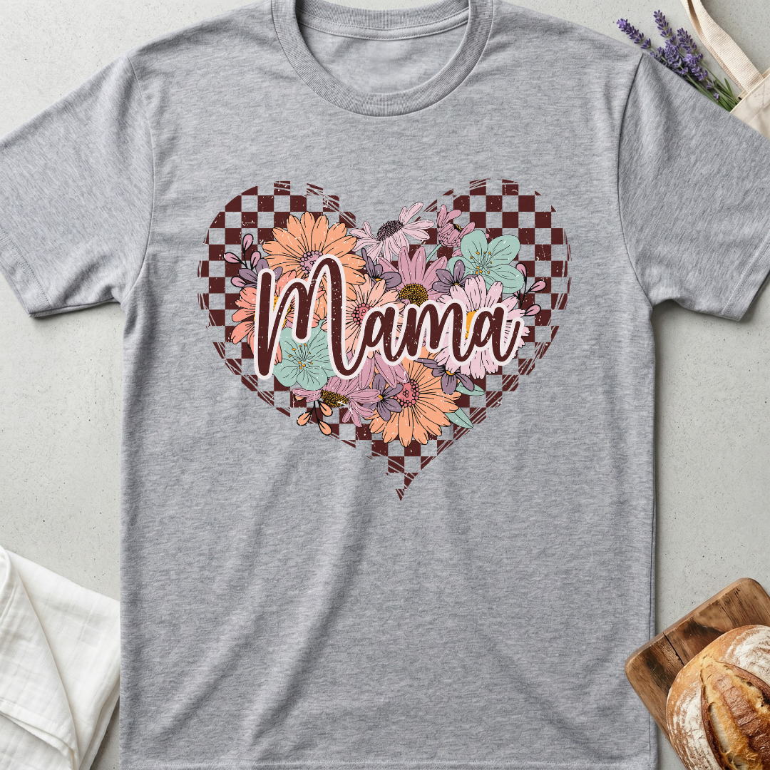 Checkered Floral Mama Heart T-shirt - Mom Shirt
