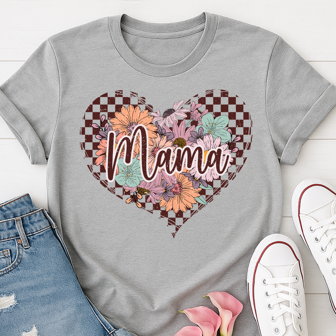 Checkered Floral Mama Heart T-shirt