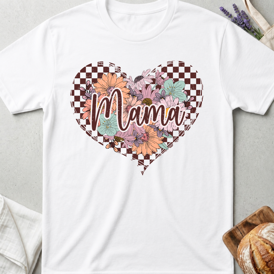 Checkered Floral Mama Heart T-shirt - Mom Shirt