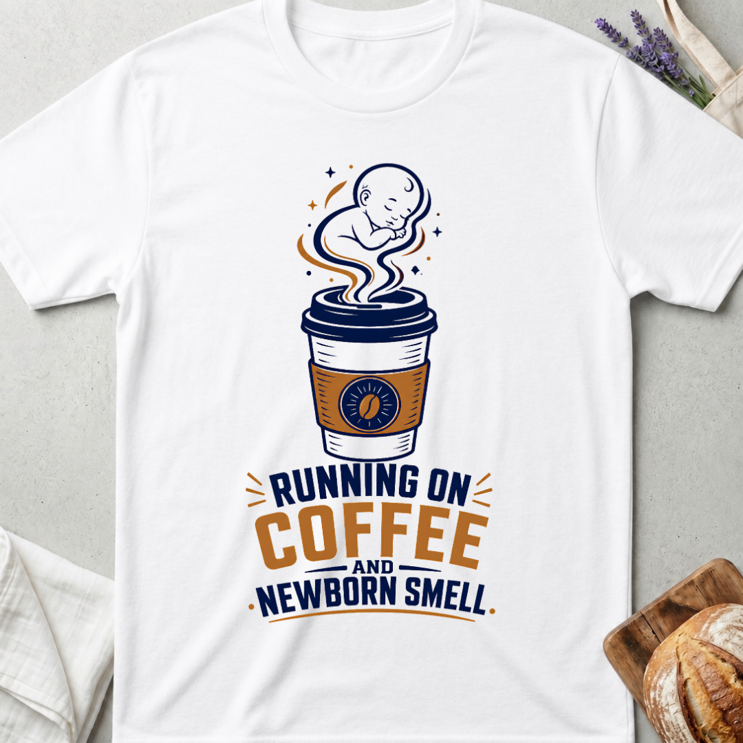 Running on Coffee and Newborn Smell T-Shirt - Funny New Mom Tee