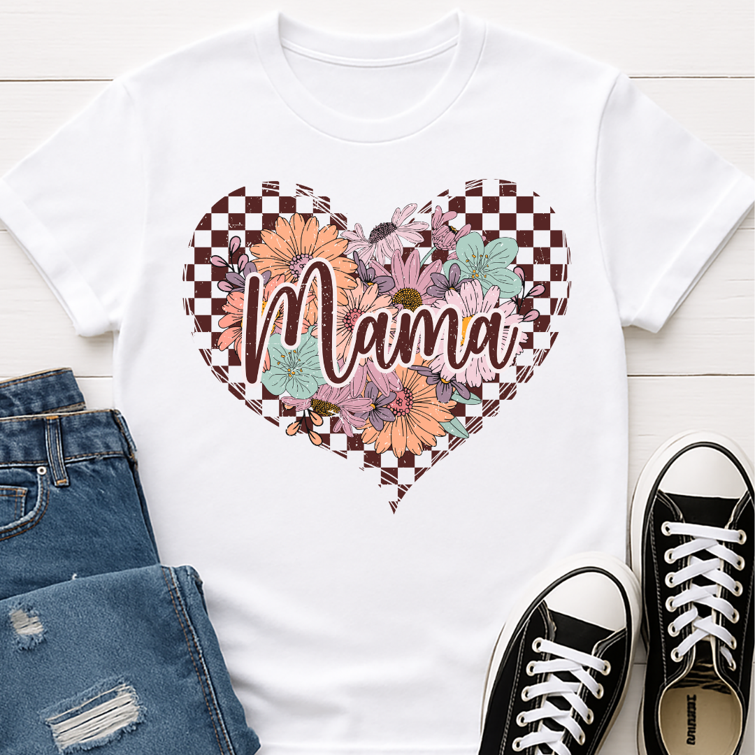 Checkered Floral Mama Heart T-shirt