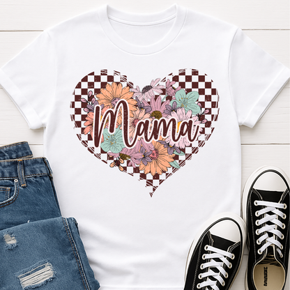 Checkered Floral Mama Heart T-shirt