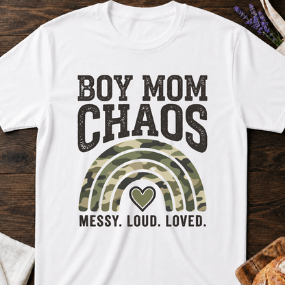 Boy Mom Chaos Camouflage T-shirt | Messy Loud Loved Mama Shirt