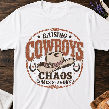 Raising Cowboys Chaos Comes Standard T-shirt | Western Boy Mom Shirt