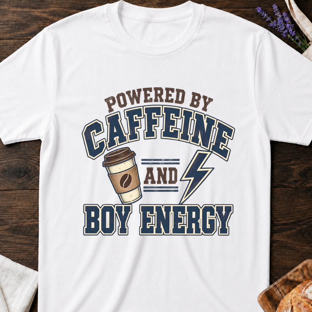 Powered by Caffeine and Boy Energy T-Shirt - Funny Mom Tee